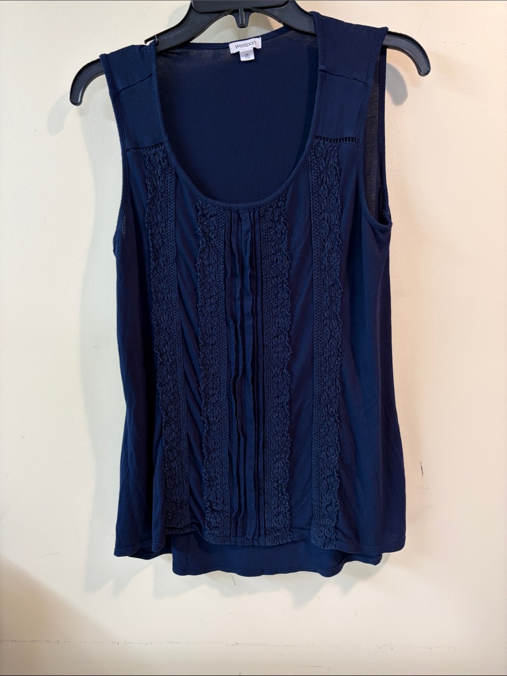 Westport  Navy Sleeveless Scoop Neck Lace-Trim Top